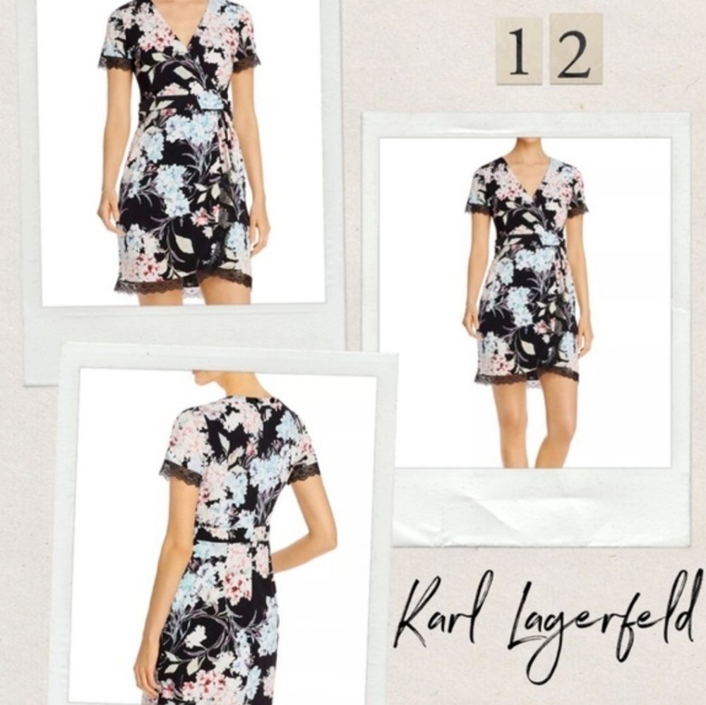NWT Karl Lagerfeld Black Floral Lace-Trim Faux Wrap Mini Dress Sz 8